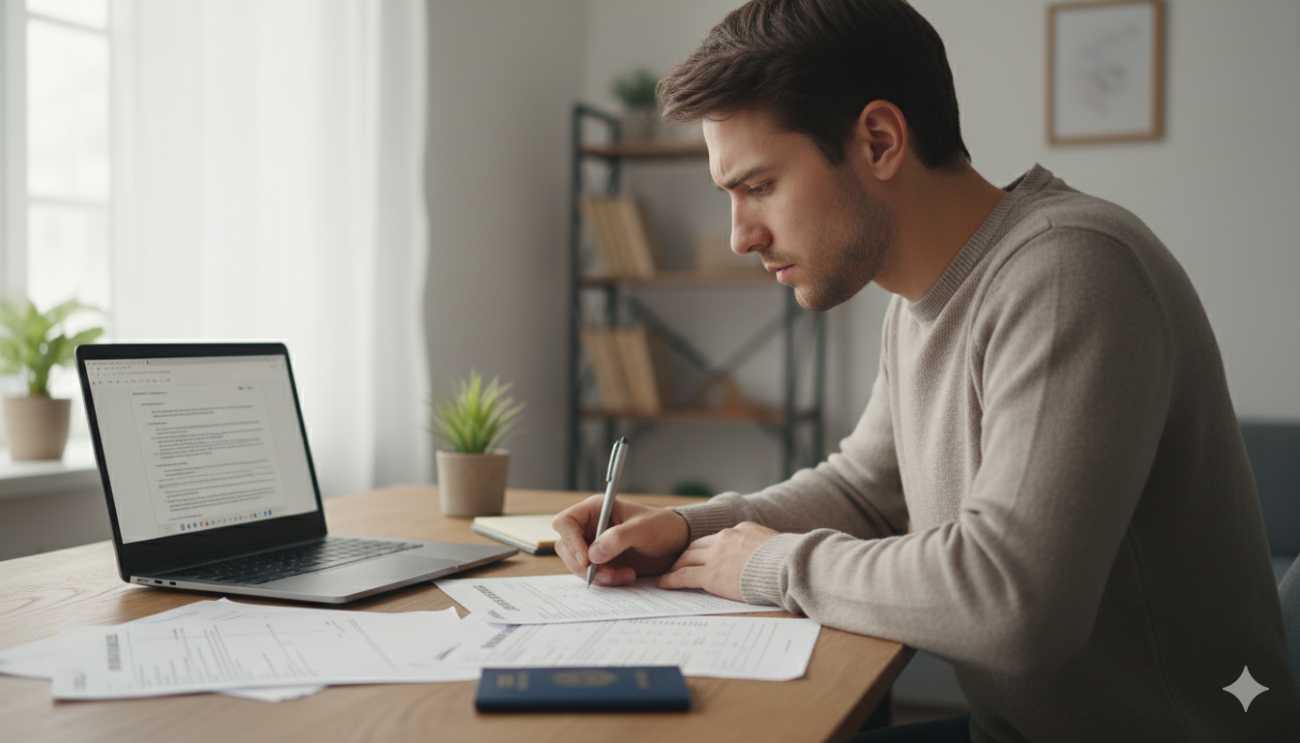 Persona preparando un escrito de alegaciones para recurrir una multa en España.