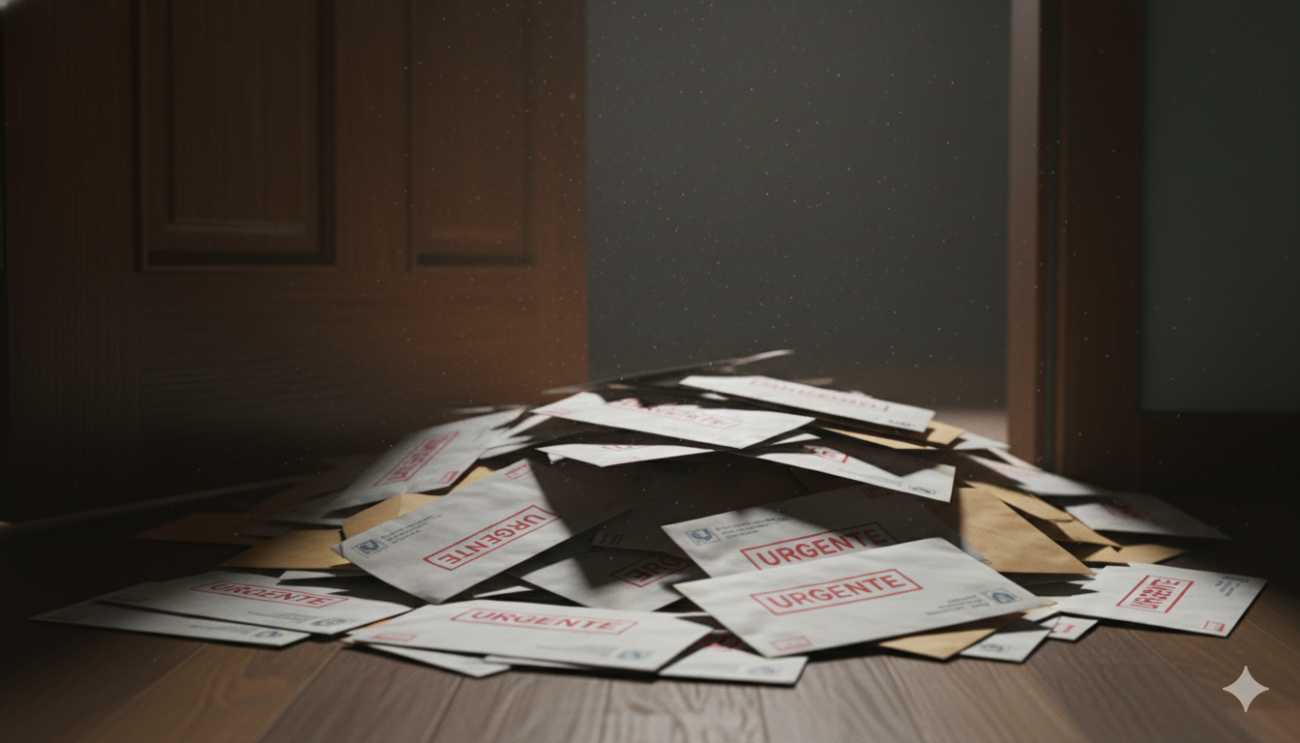 Notificaciones judiciales y administrativas acumuladas en una vivienda por ser ignoradas.