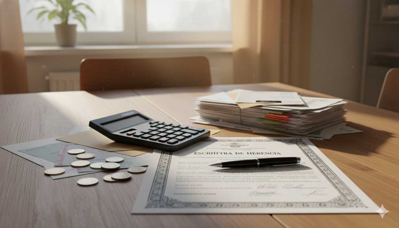 Cálculo de los gastos e impuestos de una herencia sobre una mesa de madera.