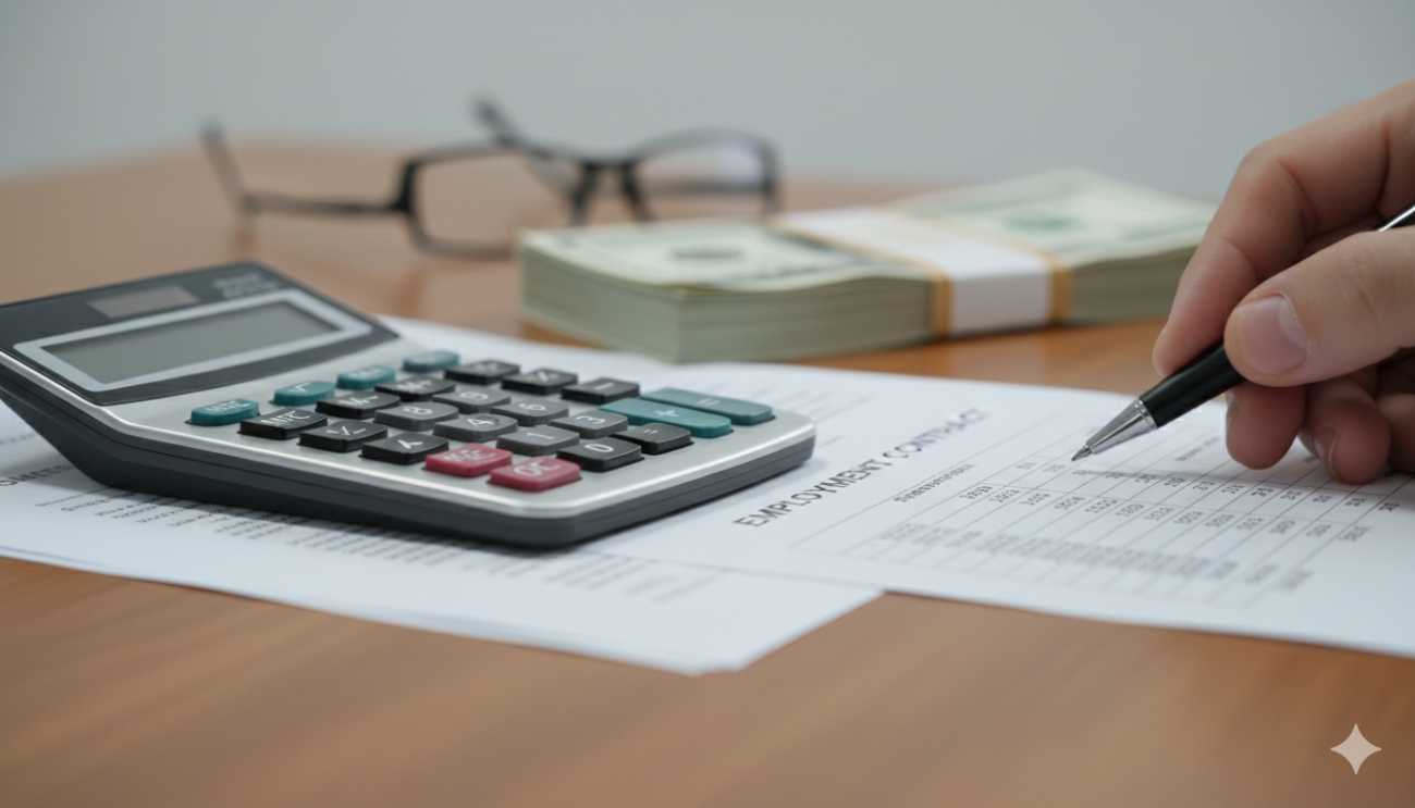 Cálculo manual de la indemnización por despido sobre un escritorio de oficina.