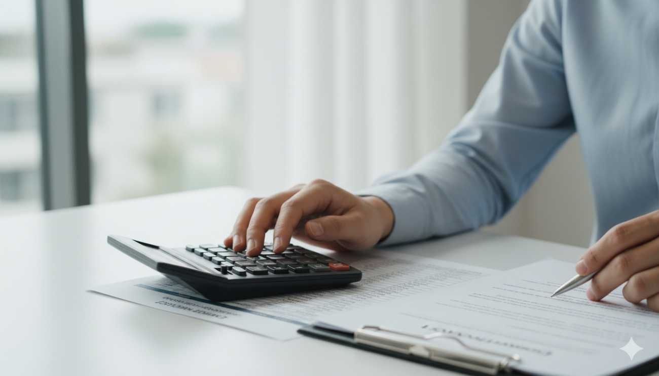 Persona calculando la liquidación del finiquito sobre un escritorio de oficina.