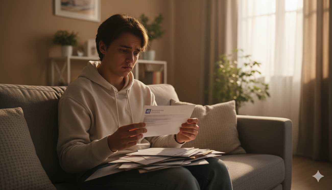 Persona consultando el correo postal con preocupación por una posible multa de tráfico.
