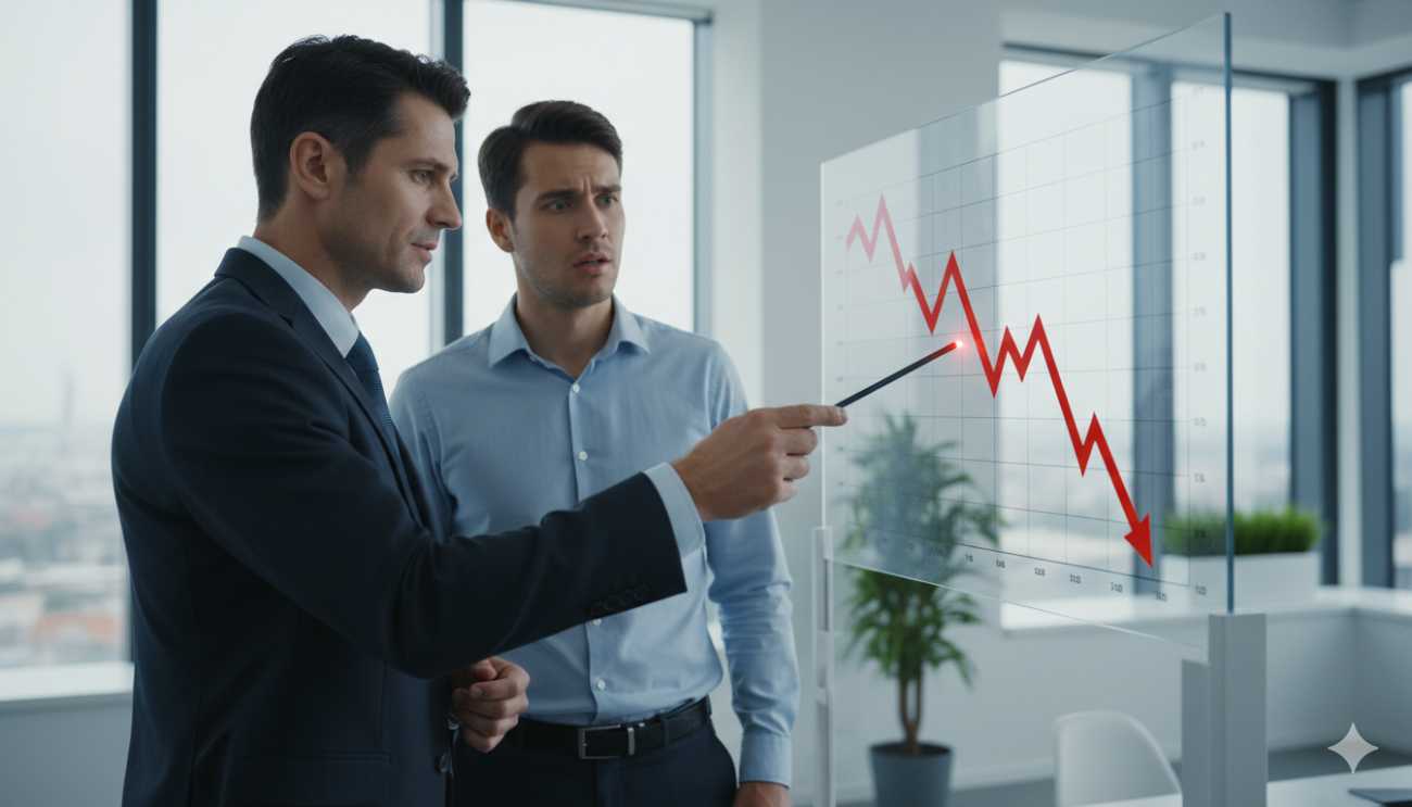 Empleado en una reunión de despido por bajo rendimiento laboral frente a un gráfico de ventas.