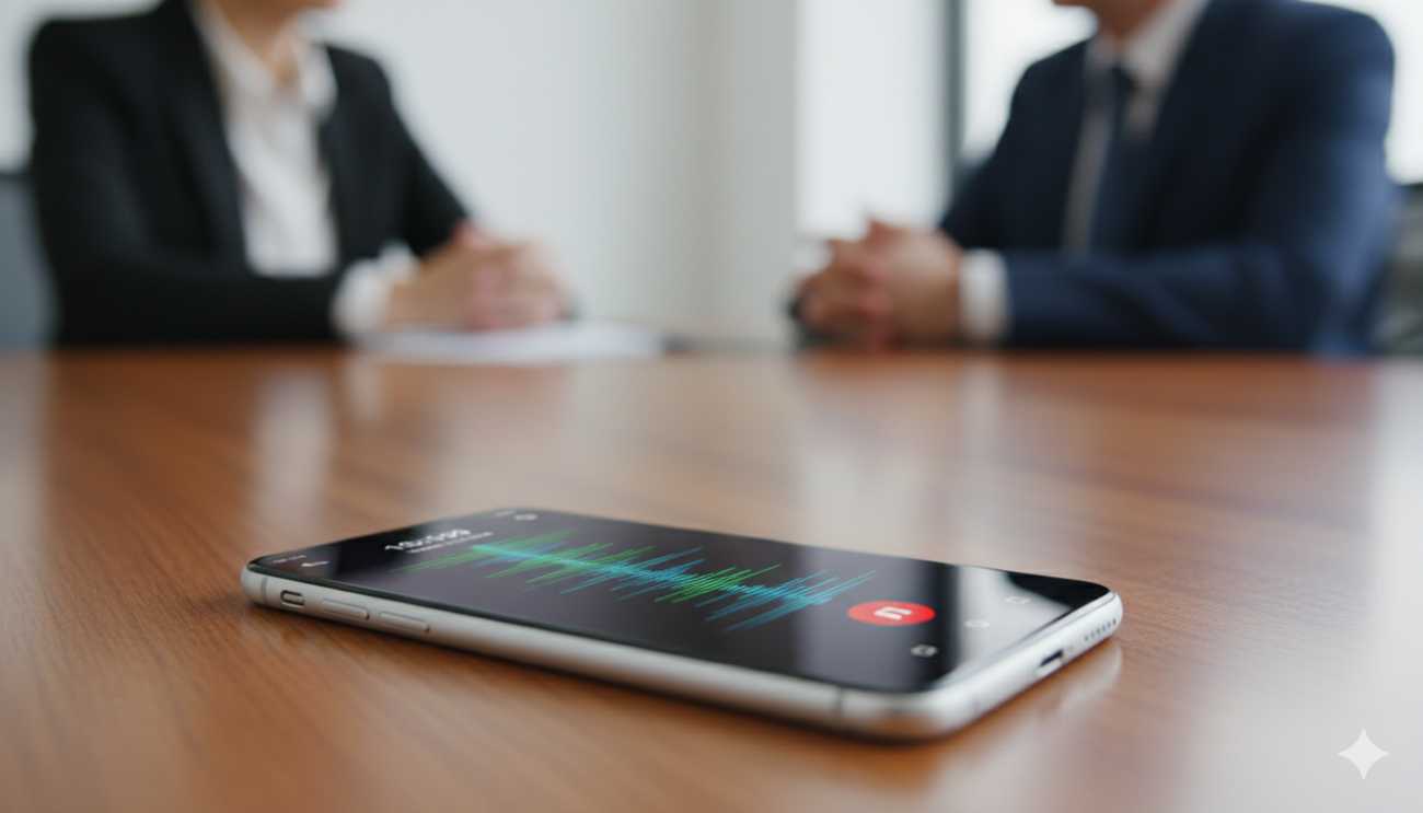 Teléfono móvil grabando una conversación en una reunión de trabajo.