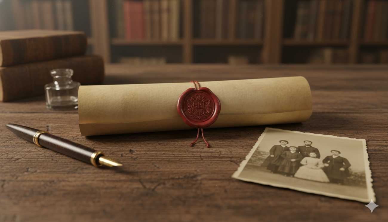 Documentos legales de una herencia sobre una mesa junto a una foto familiar.