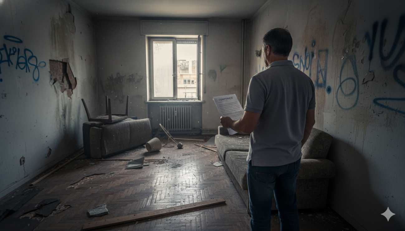 Salón de una vivienda de alquiler con graves destrozos tras la marcha de los inquilinos.