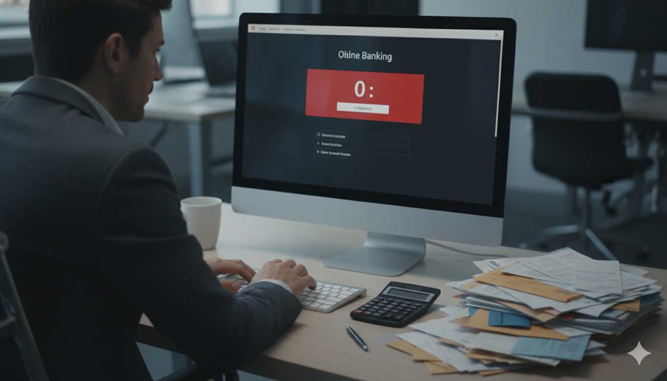 Trabajador preocupado consultando sus impagos de nómina en el ordenador.