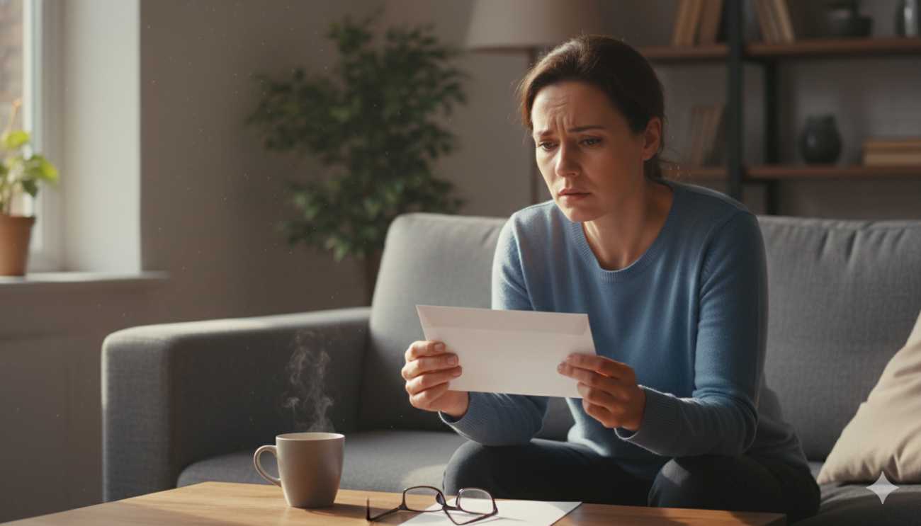 Persona recibiendo y analizando una carta certificada de un abogado en su domicilio.