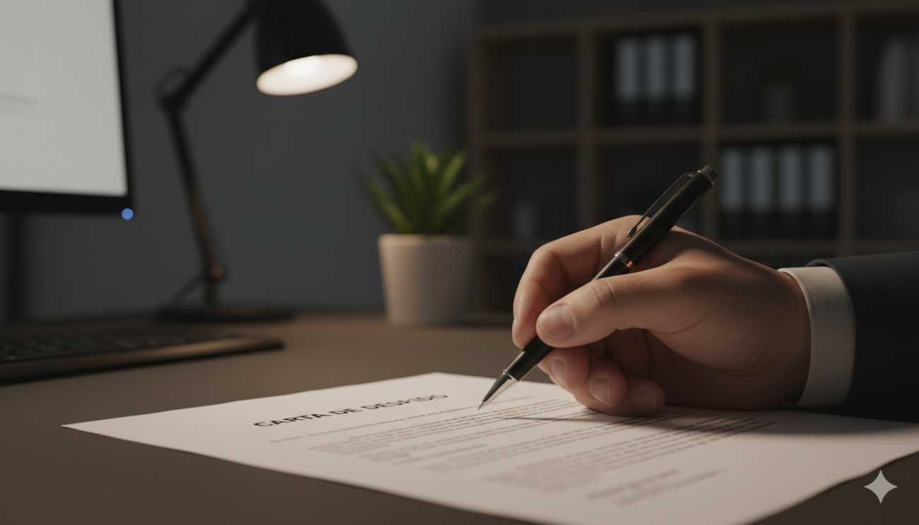 Trabajador dudando si firmar una carta de despido en una mesa de oficina.
