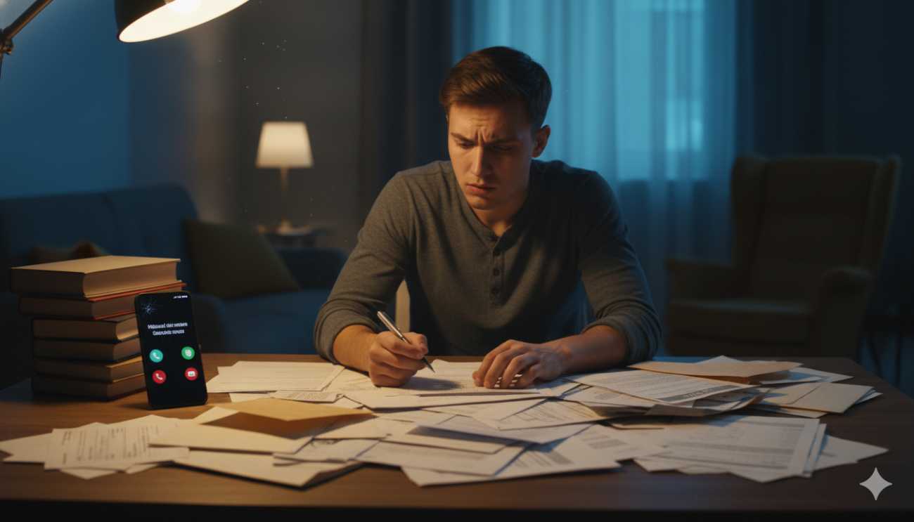 Persona gestionando el estrés de las deudas y reclamaciones de impago en su casa.