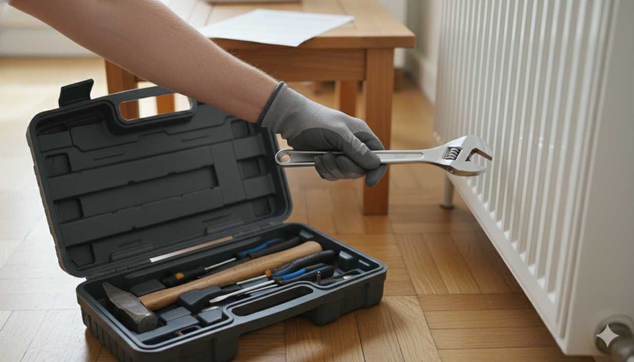 Herramientas de reparación en un piso de alquiler para ilustrar el mantenimiento de la vivienda.