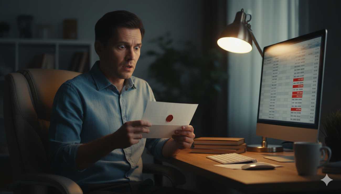 Persona sorprendida analizando una reclamación de deuda errónea en su domicilio.