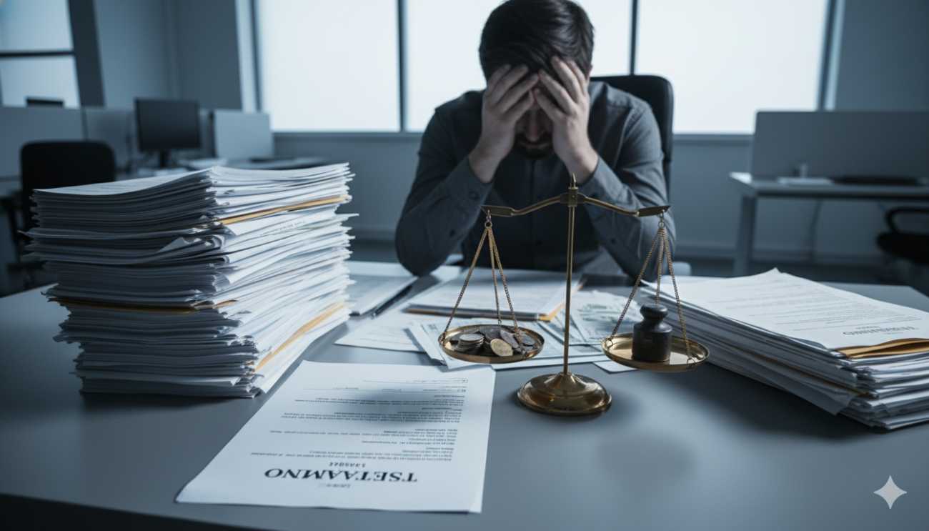 Persona agobiada ante la posibilidad de heredar deudas de un familiar fallecido.