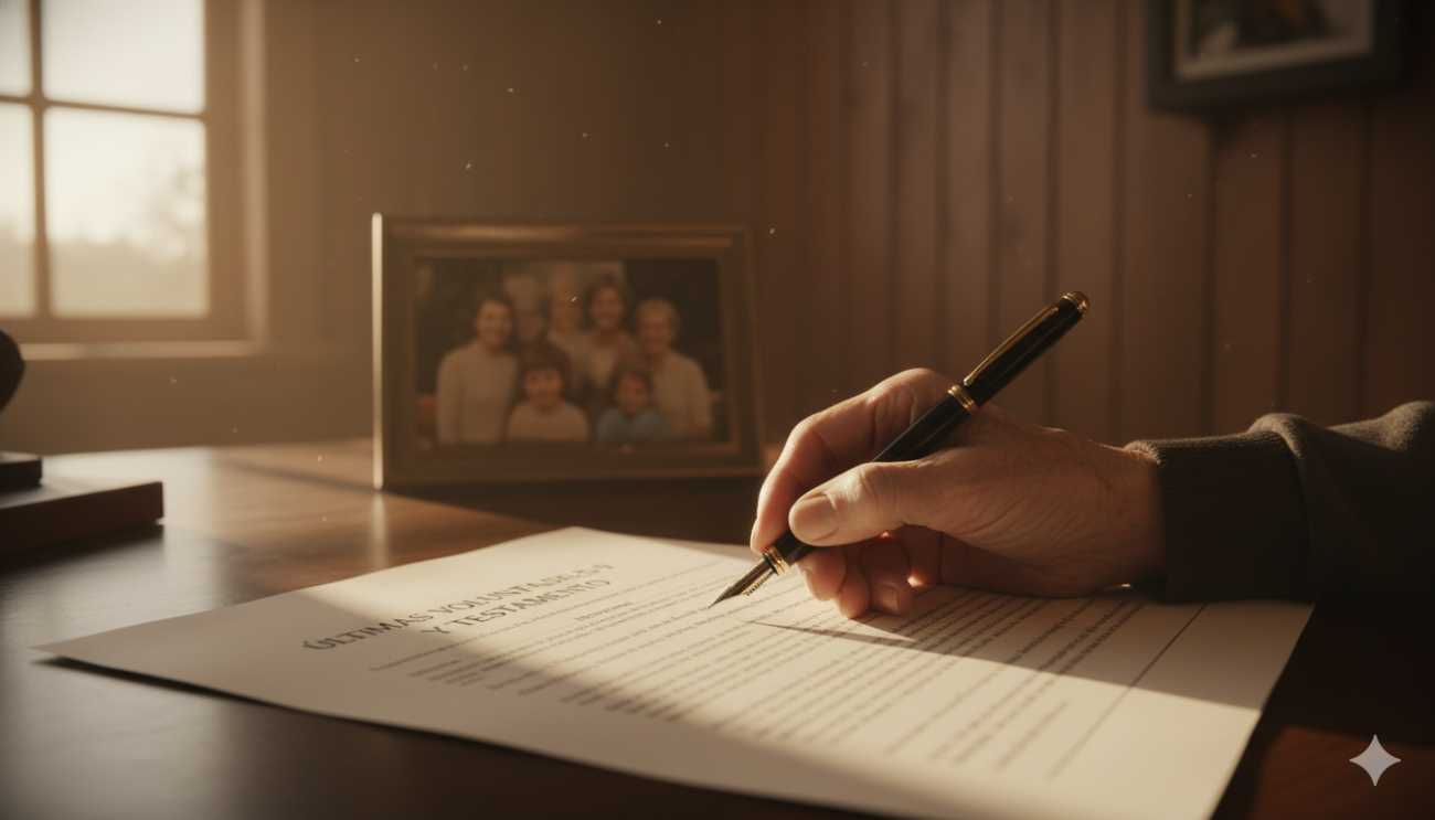 Persona mayor redactando su testamento para decidir sobre el reparto de su herencia.