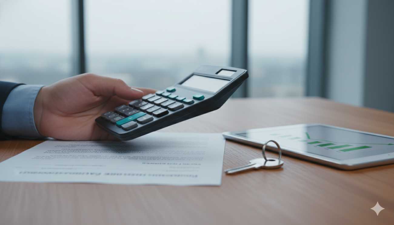 Persona calculando el porcentaje de subida del alquiler mensual sobre un contrato.